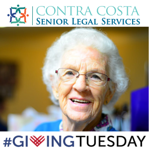 Smiling elderly woman with Giving Tuesday logo